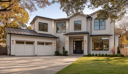 Modern white house, autumn trees, suburban setting, driveway, real estate listing