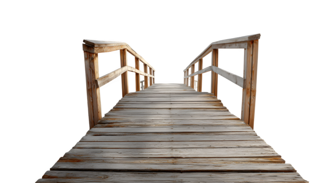 A wooden boardwalk ramp leading up to a beach house entrance, isolated on a Transparent background