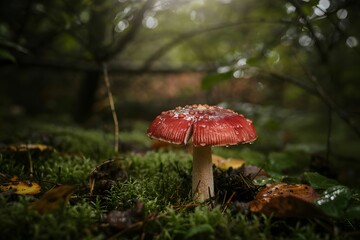 Vibrant red mushroom with white spots grows in lush green mossy forest