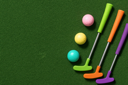Lush green surface and bright colorful putters bring lively fun to the miniature golf game and skillful practice