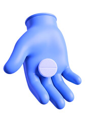 Caring hand in blue glove offers single white pill, symbolizing health and medicine