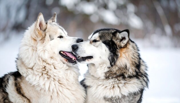 Two Alaskan Malamutes in snowy forest