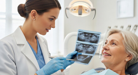 Dentist Explaining Dental X-Rays to Senior Patient in Modern Clinic