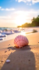 Seashell on sandy beach at sunset, waves gently lapping the shore