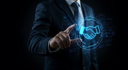 Businessman touching digital handshake icon on dark background
