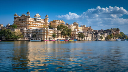 Obraz premium City Palace Of Udaipur From Lake Pichola. The City Palace is a historic landmark on the edge of Lake Pichola and is also the traditional residence of the Maharana of Udaipur