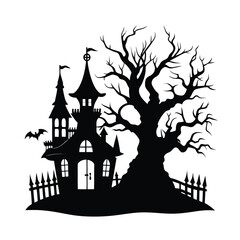 Black silhouette of a haunted house with a bare tree and bat halloween