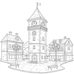 Fototapeta premium Detailed Black and White Cartoon Clock Tower with Flag and Clocks