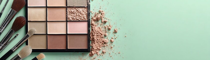 Makeup palette and brushes on a mint green background.