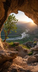 Fototapeta premium Mountain cave sunset view River valley landscape, travel poster