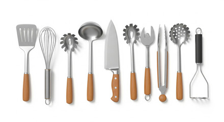 A collection of kitchen utensils including a spatula whisk ladle knife tongs and potato masher isolated