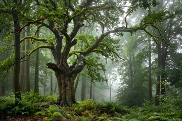 Obraz premium Ancient moss covered oak tree stands majestically in a misty pacific northwest forest