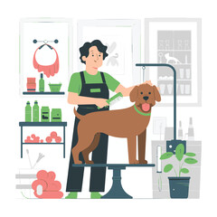 Pet Grooming Vector Illustration with Person Grooming Dog and Salon Tools.