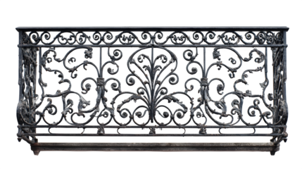 A wrought-iron balcony railing with intricate scrollwork, isolated on a Transparent background