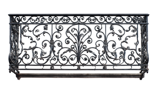 A wrought-iron balcony railing with intricate scrollwork, isolated on a Transparent background
