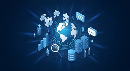 Global digital transformation and data analytics concept with interconnected technology elements and digital world