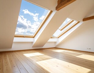 Sunlit attic room with hardwood floors and multiple skylights offering a view of a partly cloudy sky