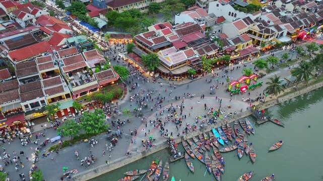 Aerial view of Hoi An, Vietnam in the morning in Quang Nam Province, a popular tourist destination with boat trips to visit the riverside markets.