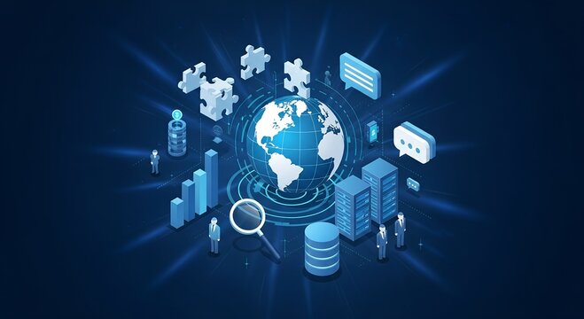 Global digital transformation and data analytics concept with interconnected technology elements and digital world