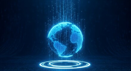 Futuristic glowing blue digital earth hologram emerging from a glowing circular platform with data streams