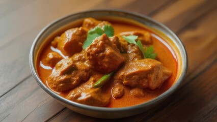 Aromatic Bowl of Rich Chicken Curry with Fresh Cilantro and Green Chili