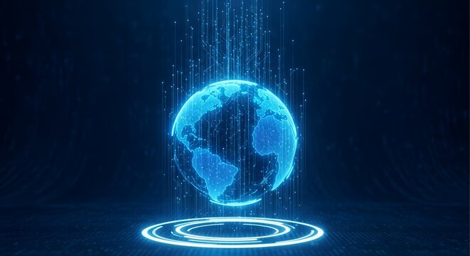 Futuristic glowing blue digital earth hologram emerging from a glowing circular platform with data streams