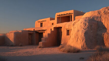 structures bathed in golden light at sunrise.