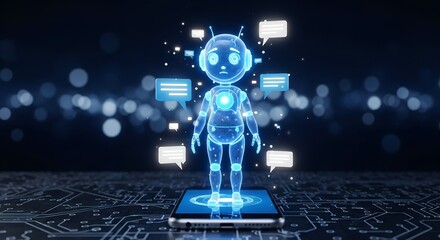 Futuristic holographic robot character emerging from a smartphone display with digital information overlays