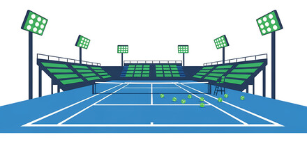 Tennis Court with Bright Lighting and Green Tennis Balls in Empty Stadium