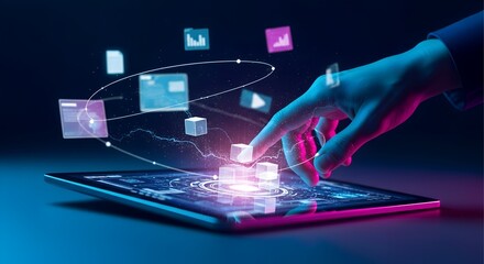 Close up of a hand interacting with a holographic interface displaying data and digital content in a futuristic setting