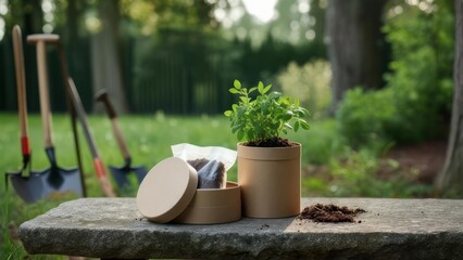A Promise of Growth: Young Plant in a Pot on a Stone Garden Bench