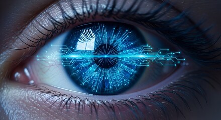 Close up of a vibrant blue human eye with futuristic digital data streams reflecting in the iris