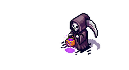 Pixel Art Grim Reaper Holding Halloween Pumpkin Lantern on Transparent Background