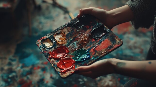 Palette of vibrant hues held by hands, creation in progress, artistic endeavor