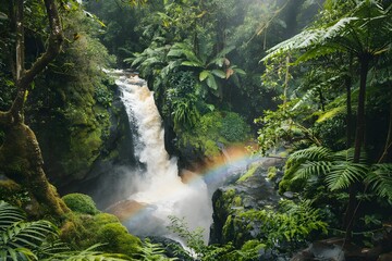 Lush green rainforest waterfall with a vibrant rainbow in the mist