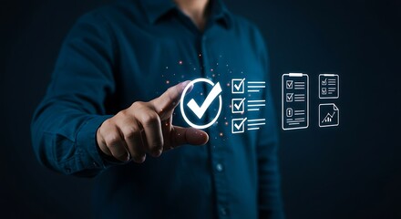 Man touches digital checklist complete task success concept