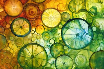 An abstract artwork featuring a vibrant gradient of overlapping, translucent circles in warm and cool tones, ranging from deep oranges and reds to bright yellows and greens, 