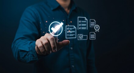 Man touching digital checklist on screen for compliance concept