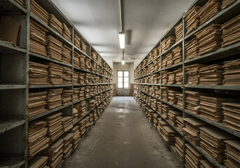 Obraz premium Historic Archive Room Vintage Documents, Shelves, Rows, Abandoned Library, Decay, Old Papers, Interior, Archives, Knowledge.