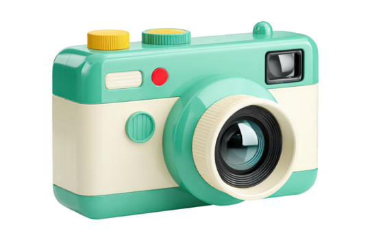 Colorful Vintage Instant Camera in Bright Mint Green and Cream with Yellow and Green Buttons