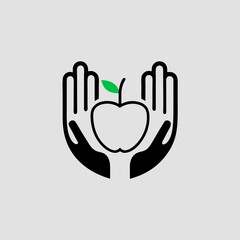 Two stylized hands holding an apple icon with green leaf — organic fruit logo symbol for healthy lifestyle, care and protection concept