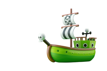 Colorful Cartoon Pirate Ship Model with Skull Flag on Transparent Background