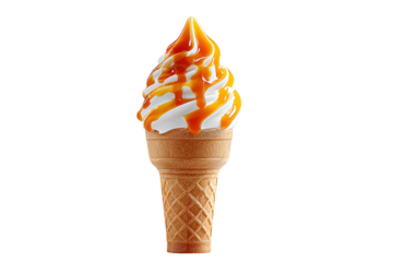 Ice Cream Cone with Caramel Swirl on Vanilla Soft Serve on Transparent Background