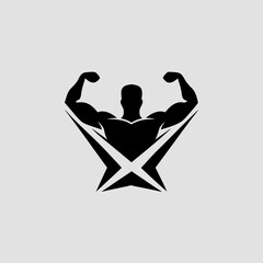 Black silhouette of a strong athlete showing muscle in bodybuilding fitness gym workout training with X shape symbol of power and strength.