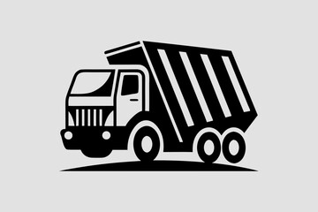 Black silhouette of a sanitation vehicle garbage truck  with waste container and diagonal hazard stripes on a white background, 