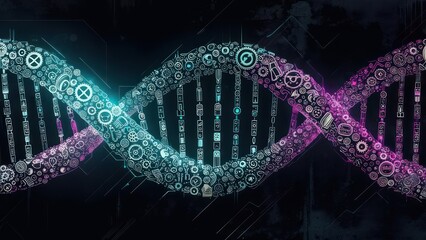 Abstract DNA Helix with Mechanical Elements, Glowing Blue and Purple, Dark Background.