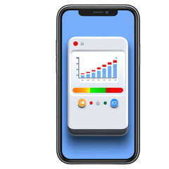 Modern smartphone displaying a 3D data analytics app with a rising bar chart.