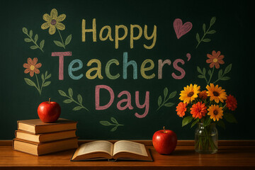 Colorful chalkboard with “Happy Teachers’ Day” text, flowers, apples, and books on a wooden desk. Perfect for education, school events, teacher appreciation, and festive celebration themes.