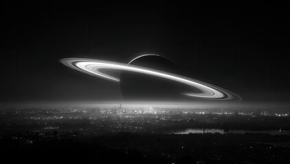 Obraz premium Ringed planet looms over city at night; science fiction artwork