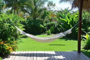 A pristine white hammock hangs serenely between wooden posts on a deck overlooking a vibrant, lush tropical garden bathed in sunlight